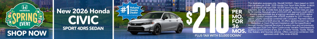 2026 HONDA CIVIC SPORT 4drs SEDAN $210 PER MO. FOR 36 MOS. PLUS TAX WITH $3,000 DOWN*