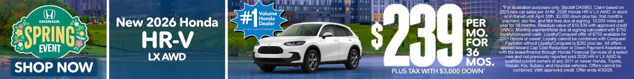2026 HONDA HR-V LX AWD $239 PER MO. FOR 36 MOS. PLUS TAX WITH $3,000 DOWN*