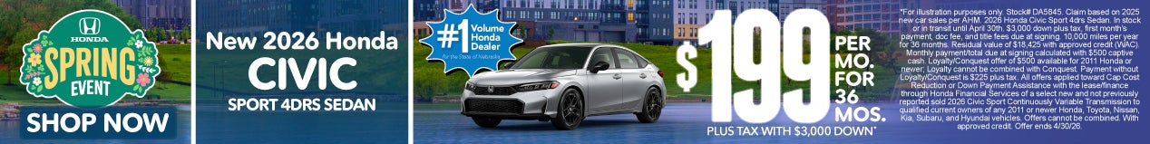 2026 HONDA CIVIC SPORT 4drs SEDAN	$199 PER MO. FOR 36 MOS. PLUS TAX WITH $3,000 DOWN*