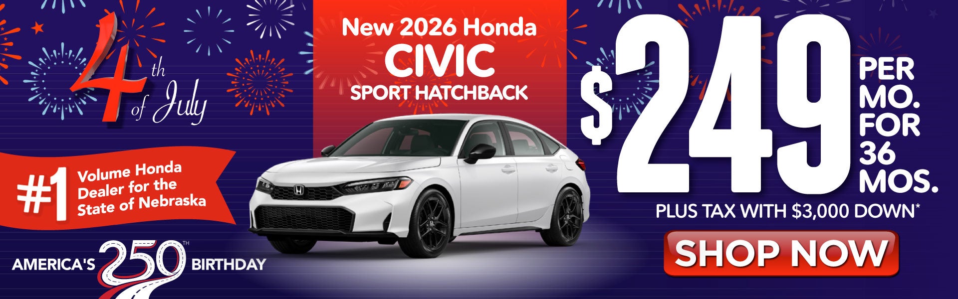 2026 HONDA CIVIC SPORT HATCHBACK	$249 PER MO. FOR 36 MOS. PL