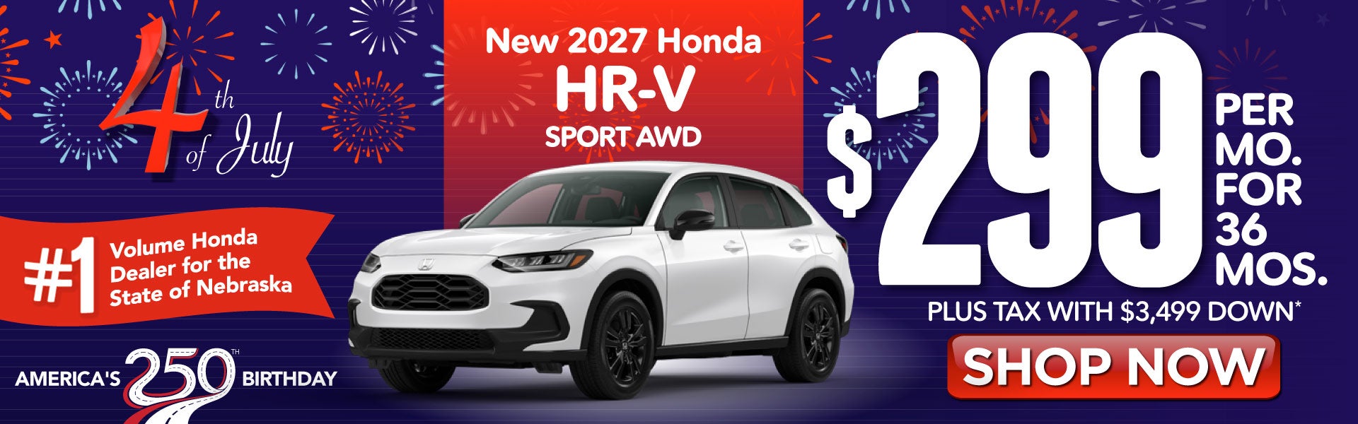 2027 HONDA HRV SPORT AWD	$299 PER MO. FOR 36 MOS. 