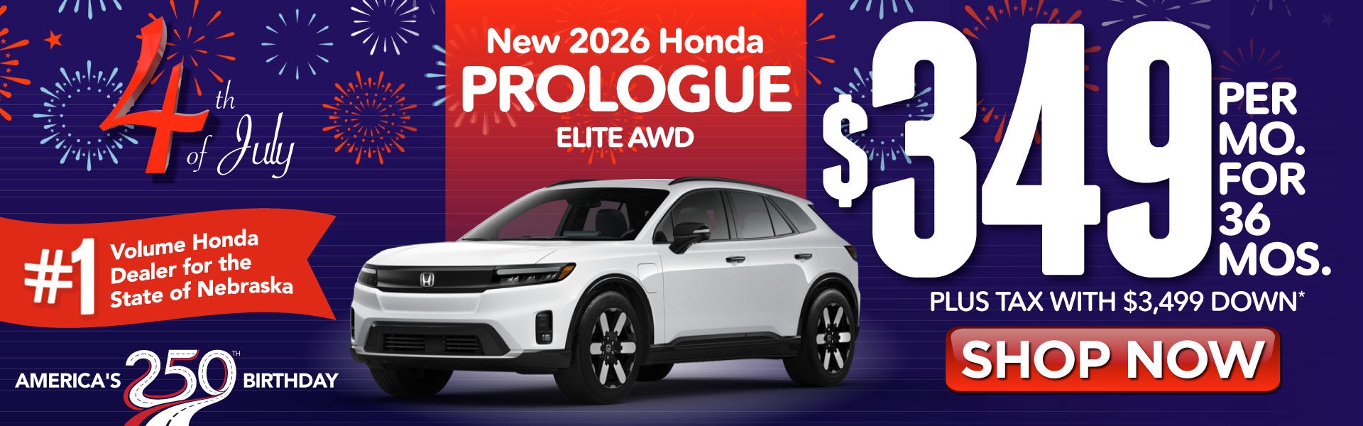 2026 HONDA PROLOGUE ELITE AWD	$349 PER MO. FOR 36 MOS. PLUS 